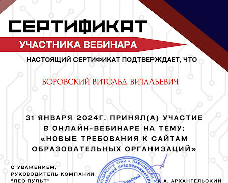 Боровскому В. В. Сертификат участника Вебинара от 31 января 2024 года